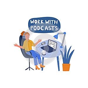 A woman works in an office and listens to a podcast.