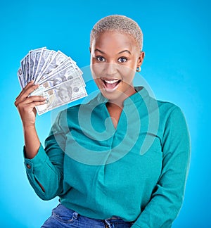 Woman, wow portrait and money fan for bonus, financial success and winning, finance loan or cashback bonus. African