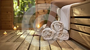 A Woman Wrapped in a White Towel Finds Solace in a Wooden Sauna Room, Embodying the Essence of Spa Beauty and Relaxation