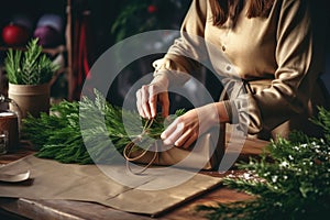 A woman is wrapping a bunch of pine branches. This versatile image can be used for various purposes