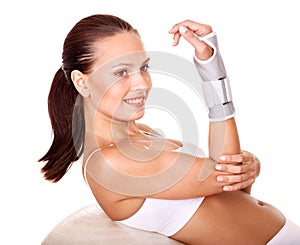 Woman with wrist brace.