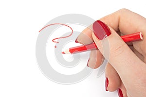 Woman write red question mark