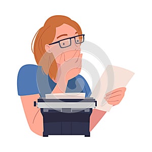 Woman Writer Character at Typewriter Writing Book Engaged in Creative Literary Work Vector Illustration