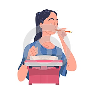 Woman Writer Character at Typewriter Writing Book Engaged in Creative Literary Work Vector Illustration