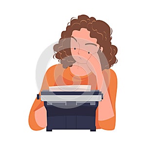 Woman Writer Character at Typewriter Writing Book Engaged in Creative Literary Work Vector Illustration