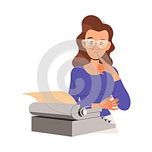 Woman Writer in Glasses at Typewriter Engaged in Writing Process Creating Plot Vector Illustration