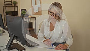 Woman writes with pen on document at office desk beside computer and shelf showing paper notes; concentration