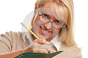 Woman Writes with Pencil on Folder