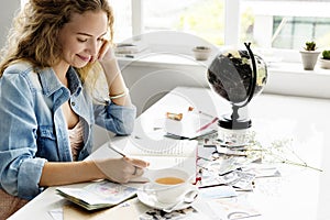 Woman Writing Diary Journey Travel Concept