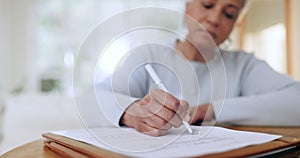 Woman, writing and documents for life insurance, policy or application in legal agreement at home. Closeup of female