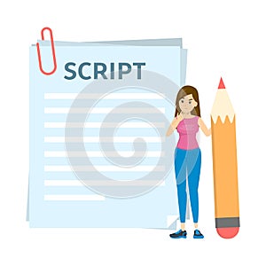 Woman writing script for movie or blog. Girl standing