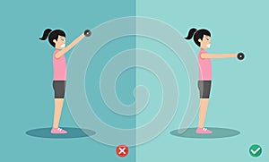 Woman wrong and right dumbbell front raise posture