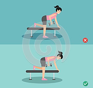 Woman wrong and right one arm dumbbell row posture