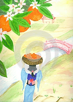 woman wth orange harvest water colour painting