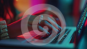 Woman'S Hands Coding Html And Programming On Laptop Screen In Close Up