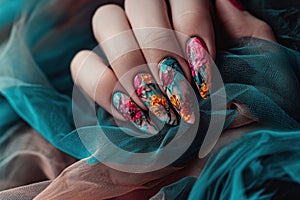 A woman& x27;s hands with colorful nail art on them, AI