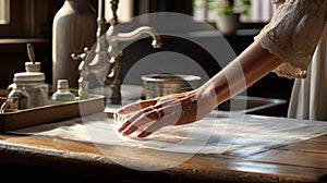 a woman& x27;s hands engaged in the cleaning process, with the tabletop gleaming after being polished. The composition