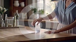 a woman& x27;s hands engaged in the cleaning process, with the tabletop gleaming after being polished. The composition