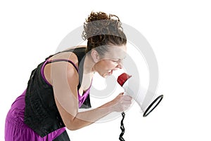 Woman yelling into a bullhorn