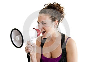 Woman yelling into a bullhorn