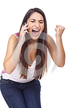 Woman yelling at the phone and looking angry