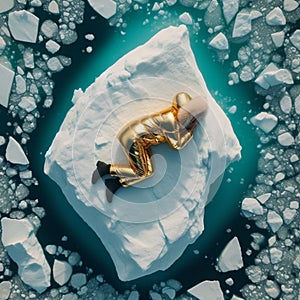 Woman in yellow golden puffer lie on block of ice alone in middle of the ocean climate change poster