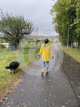 Woman with yellow raincoat walking with dog on rainy day