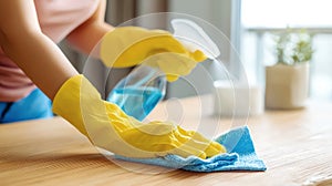 woman in yellow rubber gloves is cleaning a table, AI generated