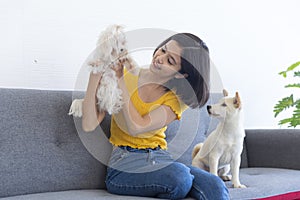 A woman in a yellow shirt was holding a white dog in the living room. Shiba inu and Maltese dog