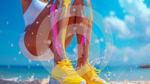 A woman in yellow sneakers with colorful paint splattered on her legs, AI