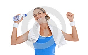 Woman, yes and water bottle for fitness in studio with exercise goals, workout success or achievement. Portrait of