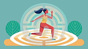 A woman in yoga attire walking foot through a labyrinth her movements slow and deliberate as she focuses on her breath