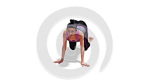 Woman in a Yoga Cow Pose in Rotation with a White Background