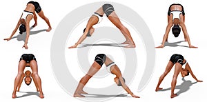 Woman in Yoga Downward Facing Dog Poses with 6 angles of view