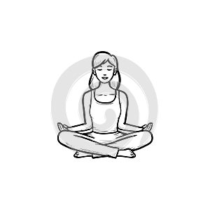 Woman in yoga lotus pose hand drawn outline doodle icon.