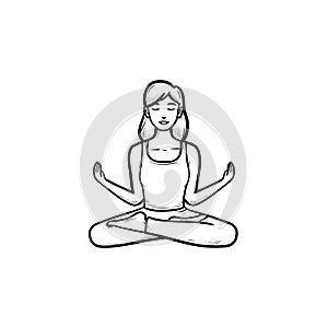 Woman in yoga lotus pose hand drawn outline doodle icon.