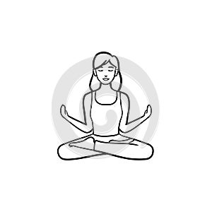 Woman in yoga lotus pose hand drawn outline doodle icon.