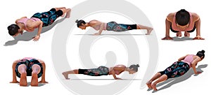 Woman in Yoga Low Plank Pose with 6 angles of view