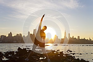 Woman Yoga Manhattan Skyline Sunrise New York