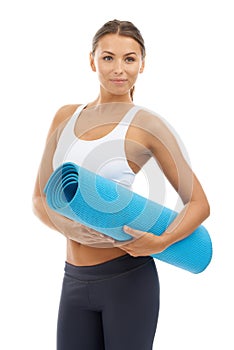 Woman, yoga mat and exercise fitness in studio for muscle flexibility, mobility or training. Female person, pilates and
