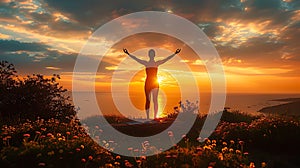 Woman yoga and meditating, silhouette on Mountain sunset background AI generated