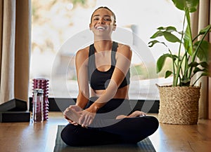 Woman, yoga and portrait smile on mat for zen workout, exercise or calm meditation and stretching at home. Happy and