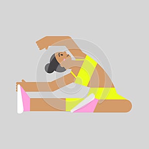 Woman in yoga pose doing stretching exercise. Flat illustration of sporty girl make a stretch workout.