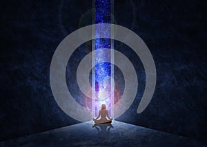 Woman in yoga pose in front of the universe