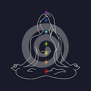 Woman yoga pose. Lotus position silhouette. Vector illustration on a blue background. Meditation for disclosure of chakras