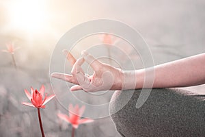 Woman yoga practicing, meditating by red lotus lake