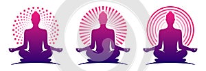 Woman yoga purple logo vector templates. Meditating female in a lotus zen pose with a round halo