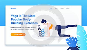 Woman yoga, standing in Bird dog exercise, Donkey, Kick pose. landing page