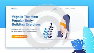 Woman yoga, standing forward bend exercise, head to knees, uttanasana pose. landing page