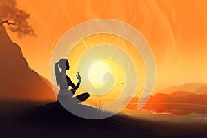 Woman yoga sunset. Generate Ai